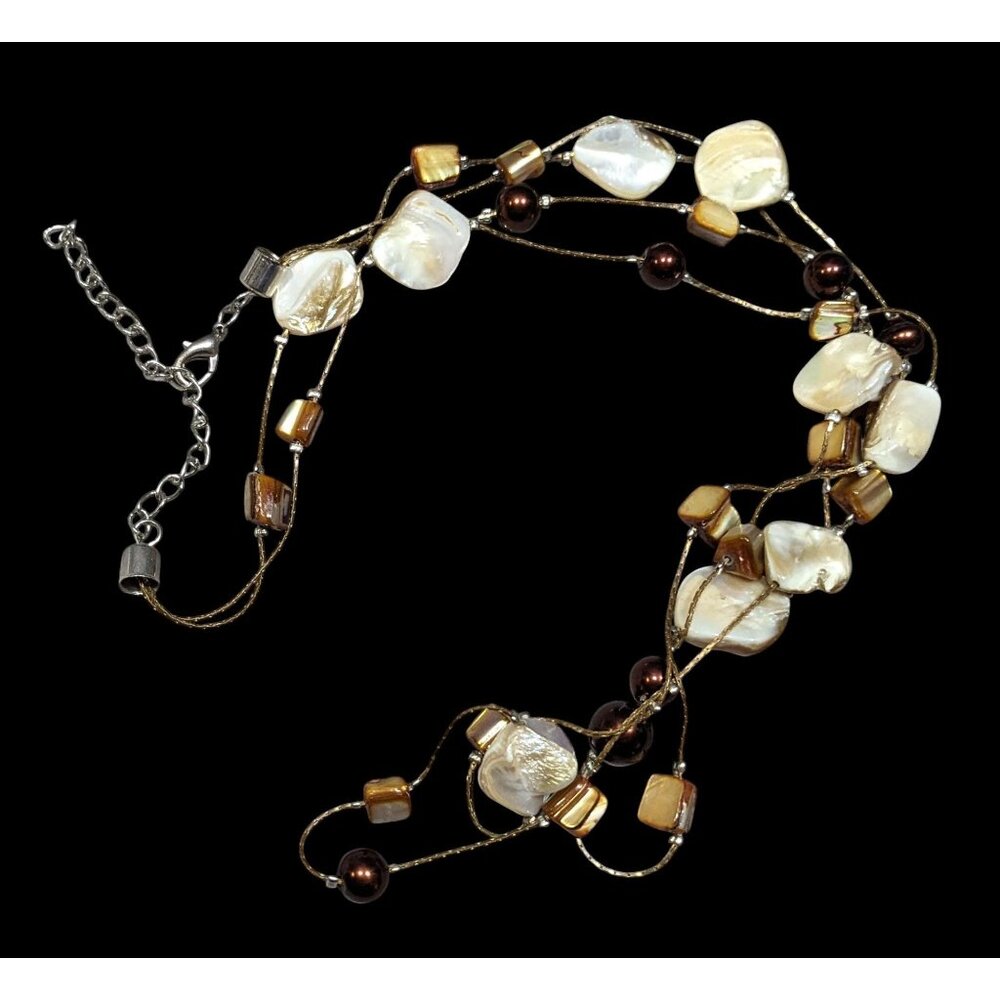 Bohemian Layered Shell And Brown Faux Pearl Station Necklace